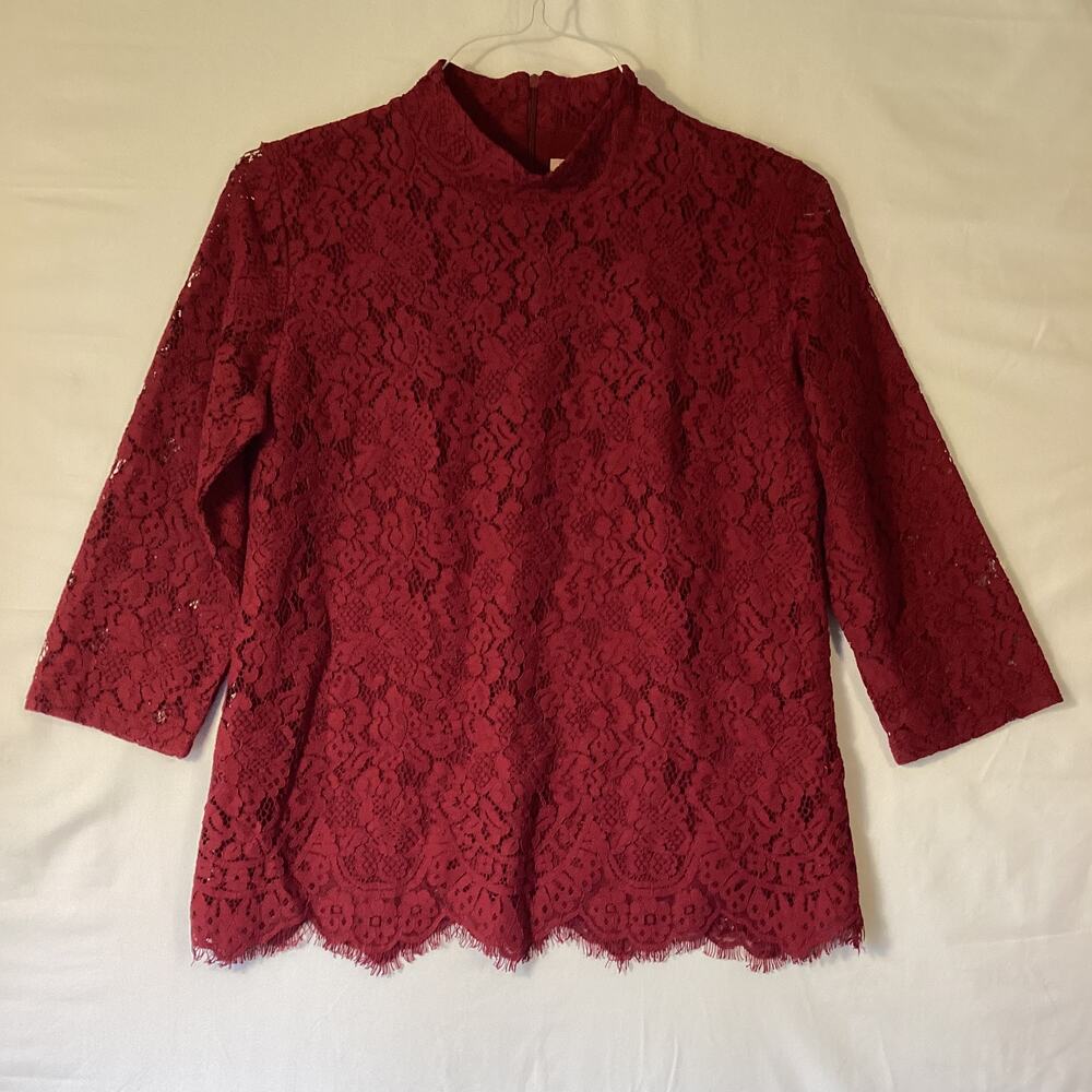 1007 Appleseed's Petites Red Lace Blouse Mock Neck Scallop Hem Lined Size 6